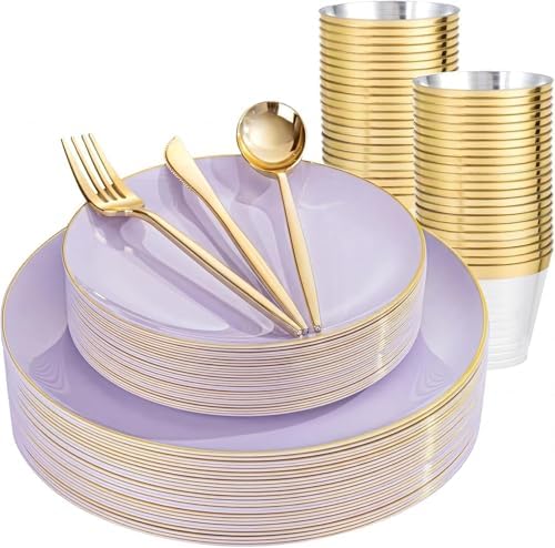 bUCLA 150PCS Purple Plastic Plates - Light Purple and Gold Disposable - Include 25 Each (Dinner & Dessert) lavender Plates, 25 Knives, 25 Forks, 25 Spoons & 25 Cups for Party, Birthday & Wedding by BUCLA