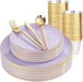 bUCLA 150PCS Purple Plastic Plates - Light Purple and Gold Disposable - Include 25 Each (Dinner & Dessert) lavender Plates, 25 Knives, 25 Forks, 25 Spoons & 25 Cups for Party, Birthday & Wedding by BUCLA