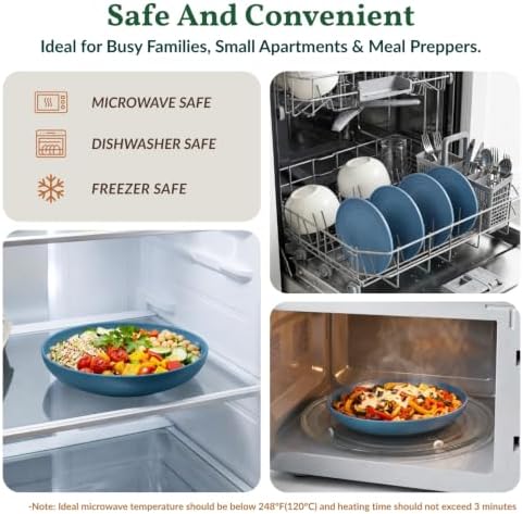 Homienly Wheat Straw Plates 8 inch Deep Dessert Plates Unbreakable Bread and Butter Plates Set of 6 Micorowave and Dishwasher Safe Camping Plates Stackable Plates for Apartment, Dorm (Blue) - Image 6