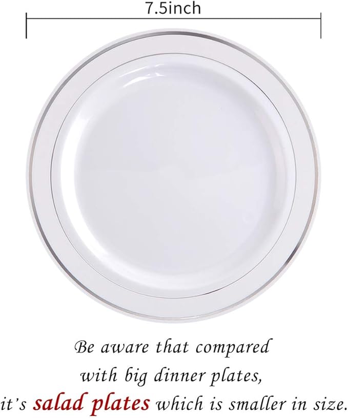 bUCLA 100Pieces Silver Rim Plastic Plates - 7.5inch Silver Salad/Dessert Plates Disposable - Ideal for Weddings, Parties & Christmas
