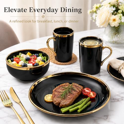 Black and Gold Dinnerware Set for 4, 16-Piece Porcelain - Image 5