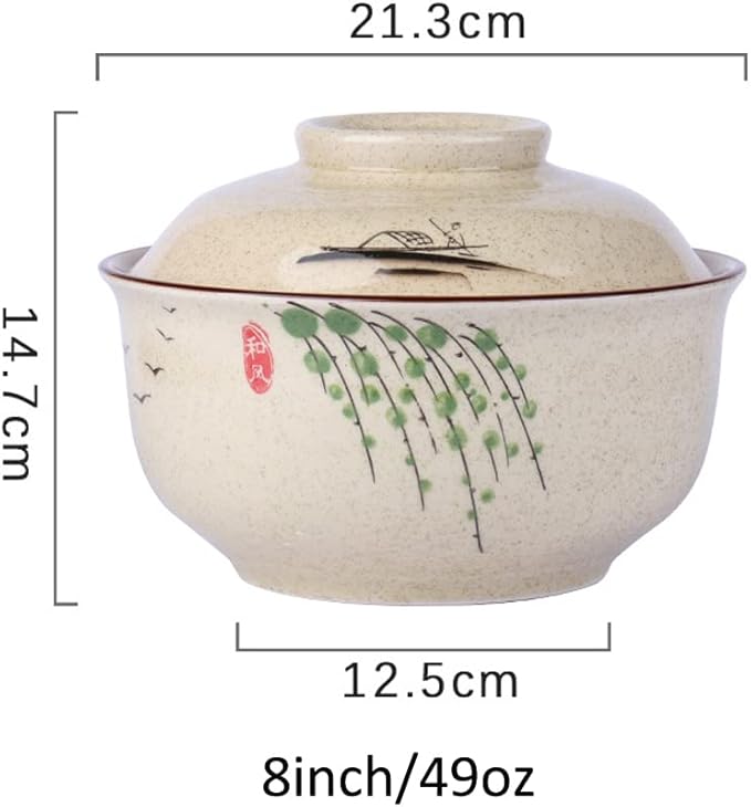 8 inch Retro Ceramic Ramen Bowl with Lid,Japanese Style Personalized Dinnerware For Noodle Rice Porridge Soup Fruit Salad (8inch, D)