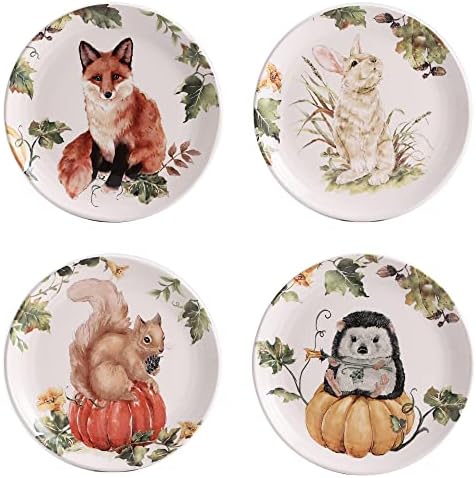 Bico Woodland Critters Ceramic Salad Plates, 8.75 inch, Set of 4, for Salad, Appetizer, Microwave & Dishwasher Safe by Bico