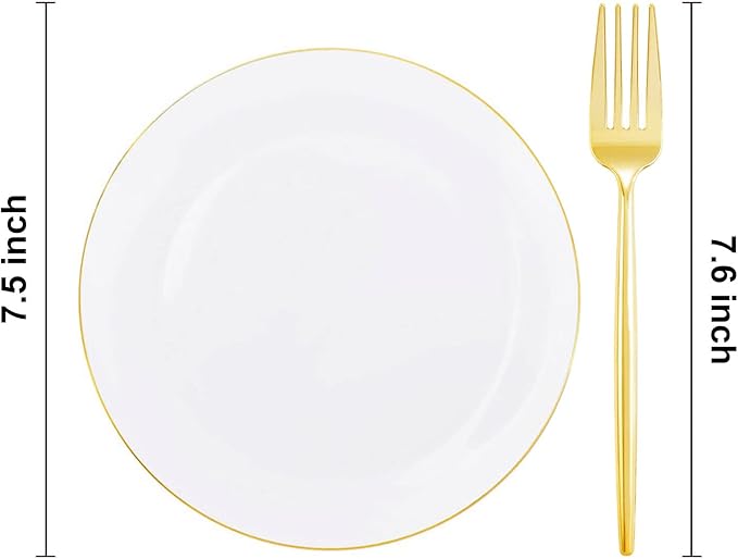 Rubtlamp 200Pcs Gold Plastic Dessert Plates,White Appetizer Platos with Gold Disposable Forks, Fancy Small Dessert/Cake Plates Include 100pcs 7.5" Salad Platos, 100pcs 7.6" Plastic Forks for Party