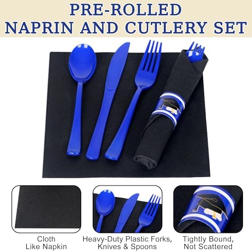 30 Pack Pre Rolled Blue Plastic Silverware Set with Napkin - Image 6