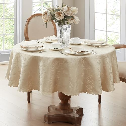 Newbridge Portofino Scalloped Damask Fabric Tablecloth, 70 Inch Round, Linen, Wrinkle and Stain Resistant Fine Dining Holiday Party Table Cover by HomeBargainsPlus