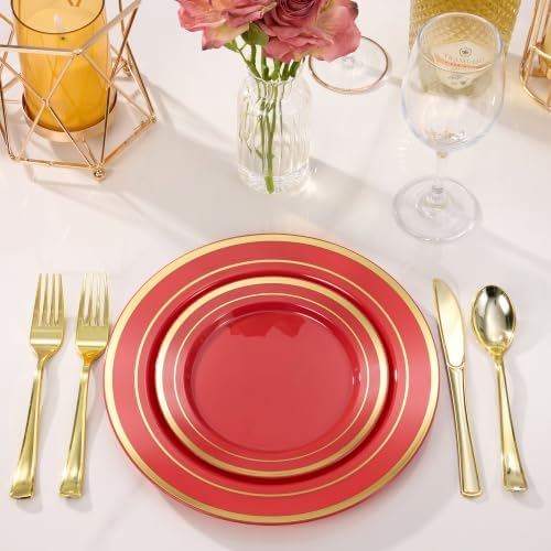 600 Pcs Red Plastic Dinnerware Set with Gold Trim for 100 Guests,200 Red Plastic Plates with Gold Trim, 200 Forks, 100 Spoons, 100 Knives for Party, Wedding, Birthday & Christmas - Image 4