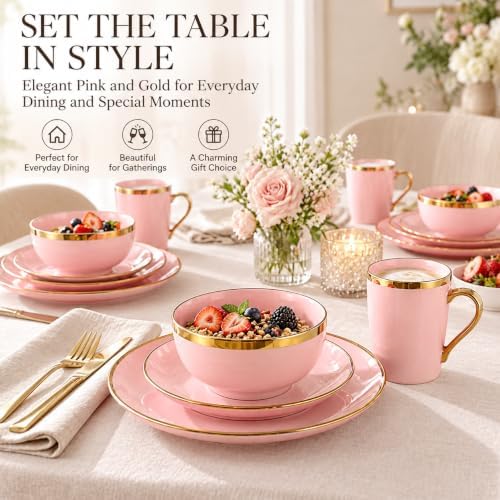 Pink and Gold Dinnerware Set for 4, 16-Piece Porcelain Gold Rim - Image 5