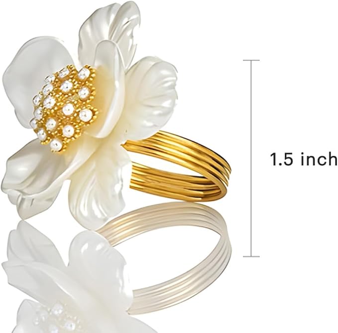 Decozen Set of 16 White Gold Napkin Rings in Floral Design, Festive, Table Decor Setting for Holiday, Wedding, Birthday, Kitchen, Home Decor, Housewarming Gift - Mothers Day Decorations