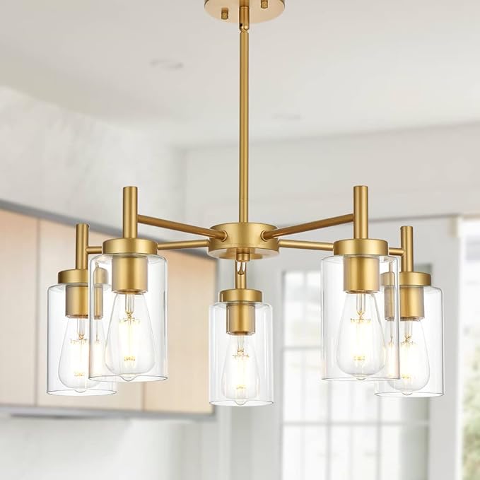 VINLUZ Retro Large Chandelier with Clear Glass Shade Metal Indoor Kitchen Island Pendant Lighting in Gold Finish Modern Light Fixture Hanging for Dining Room