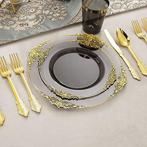 Nervure 175Pcs Black Plastic Plates, Plastic Dinnerware Set for 25 Guests - Image 4