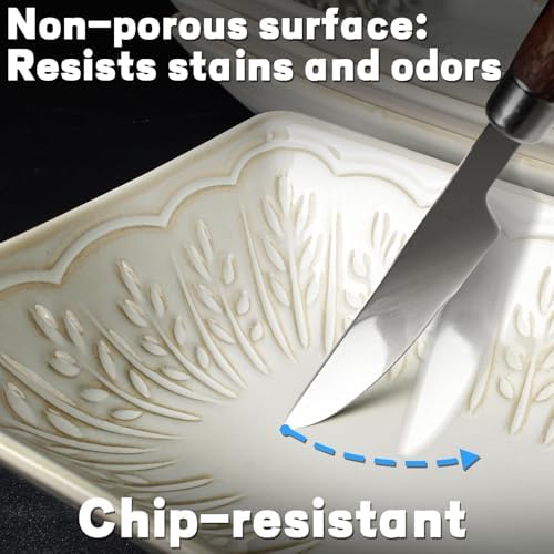Artena Appetizer Plates Set of 4, 8.25" Embossed Ceramic Rectangular Dessert Plates, Deep Lipped Edges, Microwave & Dishwasher Safe, Salad Sushi Snack Serving Plates (White, Wheat Leaf) - Image 5