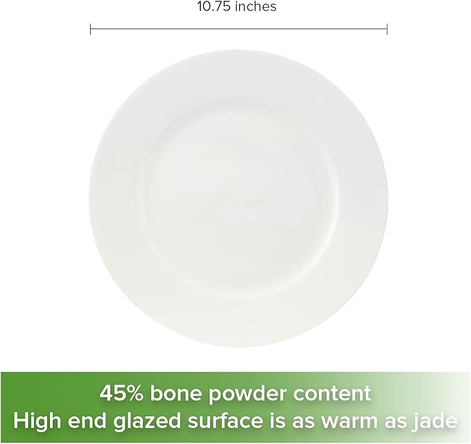 Fine Bone China Dinner Plates 6-Piece, Flate Plate, Pasta Plate 10.75 Inches, Fine Glaze With Pure White Color Sturdy and Durable, Thin Thickness and Light Weight, Microwave and Dishwasher Safe