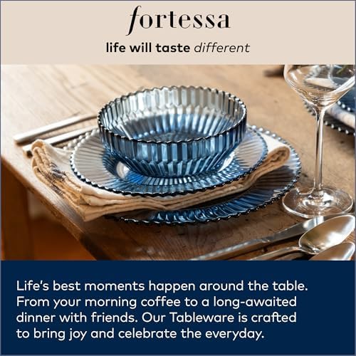 FORTESSA Los Cabos Tableware, 16-Piece Glass Dinnerware Set with 4 Dinner Plates, 4 Salad Plates, 4 Coupe Bowls and 4 Cereal Bowls, Dishwasher-Safe Glass Plate Set, Lagoon Blue - Image 6