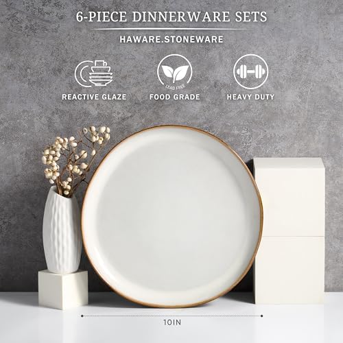 HaWare Stoneware Dinner Plates Set of 6, 10" Heavy Duty Ceramic Plates, Reactive Glaze Dinnerware for Home Restaurant, Chip and Scratch Resistant, Microwave and Dishwasher Safe, Reactive Pearl White - Image 2