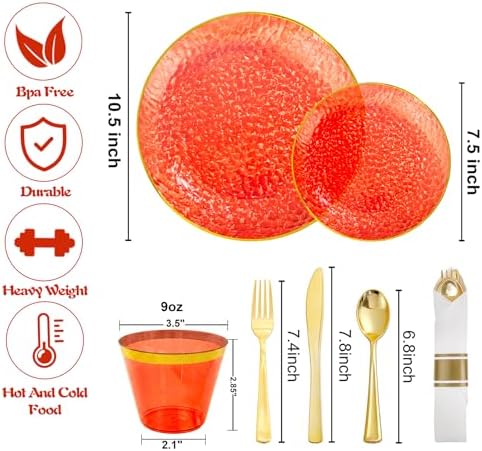 Rubtlamp 700Pcs Red Gold Plastic Dinnerware Set, Hammered Red Gold Plates, Fancy Plastic Plates Include 100 Dinner Platos, 100 Salad Platos, 100 Cups,100 Pack Pre Rolled gold plastic Silverware - Image 2