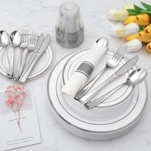 Goodluck 490 Piece Silver Plastic Dinnerware Set for 70 Guests - Image 6