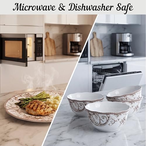 222 Fifth Adelaide Brown on White 12-Piece Dinnerware Set – Service for 4, Big Dinner Plates and Bowls Sets,Durable Porcelain, Microwave and Dishwasher Safe, for Everyday Dining & Entertainment - Image 4