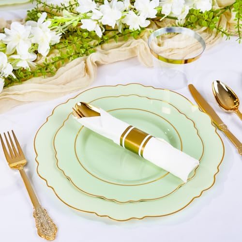 Liacere 175PCS Light Green Plates - Disposable Green and Gold - 25guest Baroque Dinnerware include 50Plates,25Pack Pre Rolled Napkins with Silverware 25Cups for Wedding ＆ Party & Spring - Image 3