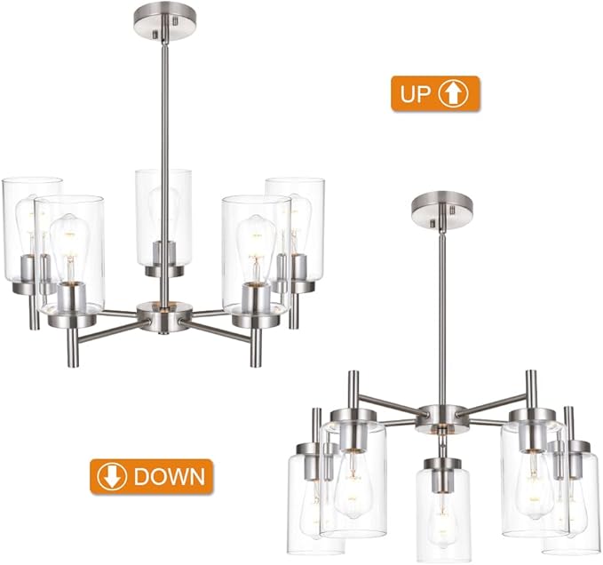 VINLUZ Contemporary 5 Light Large Chandeliers Modern Clear Glass Shades Pendant Lighting Brushed Polished Nickel Dining Room Lighting Fixtures Hanging Adjustable Wire Semi Flush Ceiling Lights