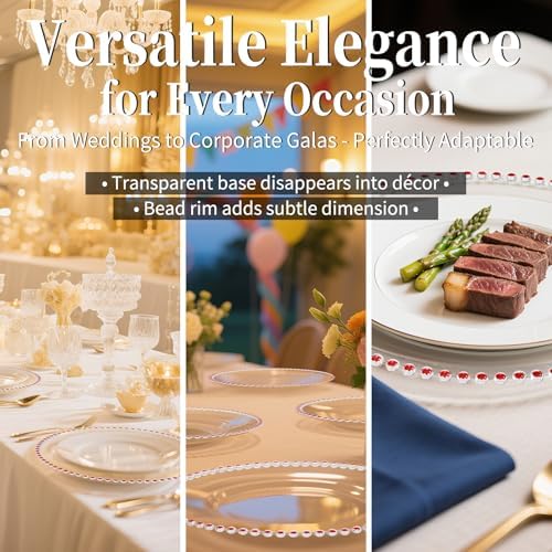 24 Pack Clear Charger Plates 13 Inch Acrylic Round Dinner Chargers with Red Beaded Rim, Plastic Round Decorative Plates for Kitchen Wedding Party Home and Tabletop Decoration - Image 5