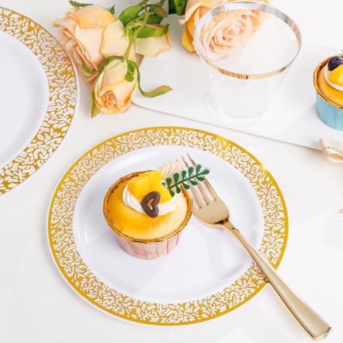 WELLIFE 50 Guests Dinnerware Sets, Gold Plastic Plates，Platos Para Fiestas Elegantes Desechables Include:50 Dinner Plates, 50 Dessert Plate, 150 Pcs Gold Plastic Silverware, 50 Cups for Party - Image 6