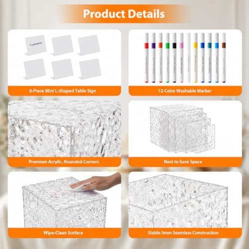 6 Pack Acrylic Buffet Risers with Mini Sign and Marker, Wave Texture Display Risers for Dessert Table, Food Display Stands for Parties, Weddings & Events, Clear Acrylic Cake Stand Set for Cupcakes, Appetizers & Decorations(8" 7" 6" 5" 4" 4" ") - Image 3