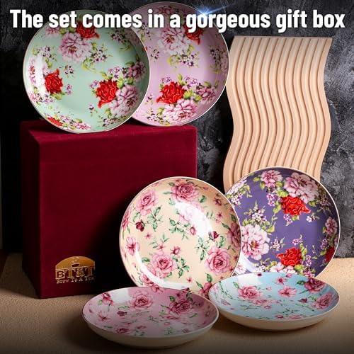 BTaT- Ceramic Floral Dessert Plates, Set of 6, 8 Inch, Assorted Colors with Golden Rim, Deep Porcelain Floral Plates with Gift Box, Dishwasher Safe - Image 5