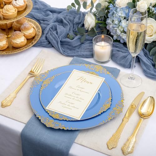 125PCS Blue and Gold Plastic Plates for Wedding Party Baby Shower - Image 5