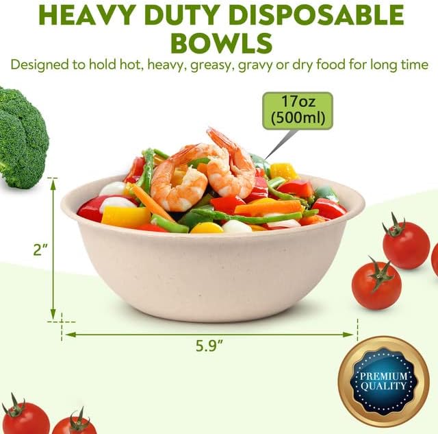 17 oz Paper Bowls (100 Pack) Disposable Bamboo Bowls - Heavy Duty, Microwavable Oven Safe - Perfect for Salads, Ice Cream, Hot Soups, Cereals & Party Fun - Eco-Friendly, Leak-Proof