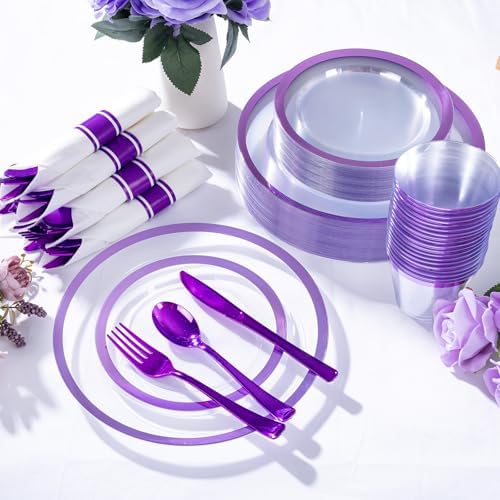 I00000 210 Pcs Clear Purple Plastic Plates, Fancy Disposable Dinnerware Set - Image 4