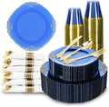 350PCS Gold and Blue Plastic Plates, Dinnerware Sets for 50 Guests by Unknown