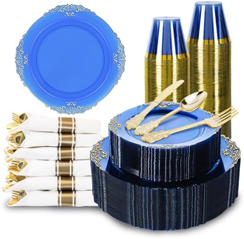 350PCS Gold and Blue Plastic Plates, Dinnerware Sets for 50 Guests by Unknown