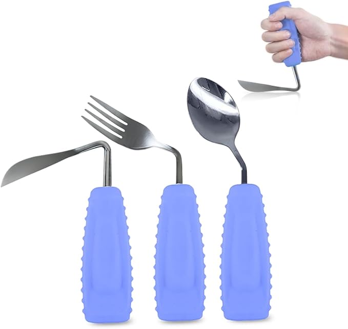 Adaptive Utensils Angled Spoon and Fork for Hand Tremors Parkinsons,Weighted Utensils with Non-Slip Easy Grip Handles for Independent Eating (1pcs Knife+1pcs Fork+1 pcs Spoon,Purple,Right Hand)