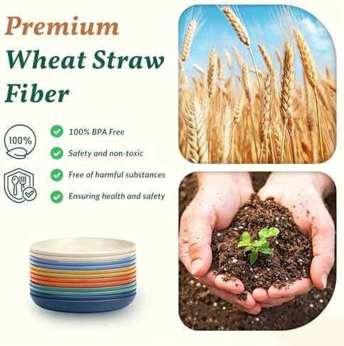 Homienly Wheat Straw Deep Plates 12 PCS Unbreakable Salad Plates Microwave & Dishwasher Safe Plastic Plates Reusable Stackable Bread & Butter Plates Sets for Kitchen, Camping, Party (9inch,Multi) - Image 3