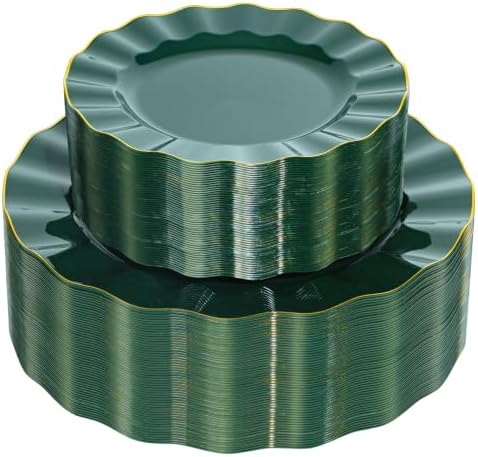 120PCS Dark Green Plastic Plates, Wavy Plates with Gold Rim by QualQuot