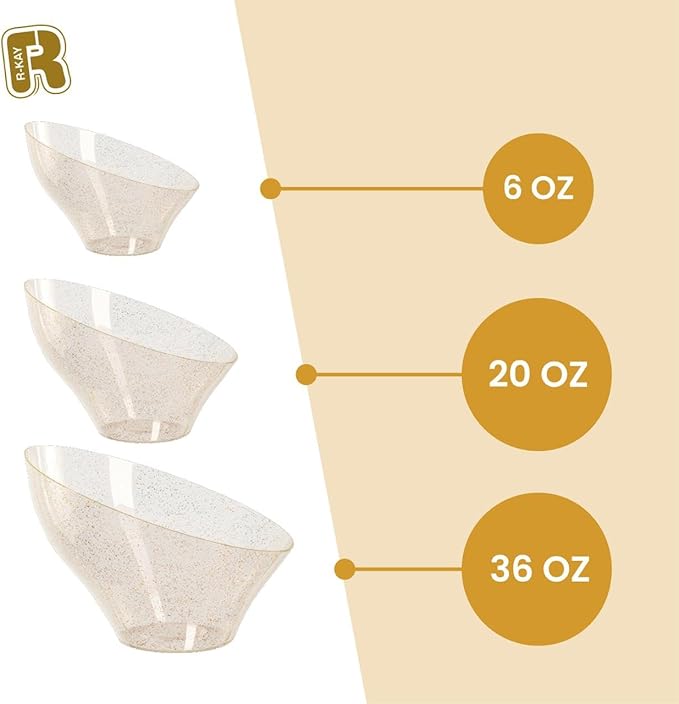 R-kay 6 Pack Gold Glitter Angled Candy Bowls - Large Gold Plastic bowls - Premium Plastic Serving Bowls Heavy Duty For Weddings Catering, parties, And All Occasions.