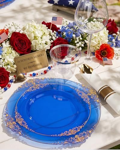 Nervure 350Pcs Blue Plastic Plates, Disposable Dinnerware Set for 50 Guests - Image 2