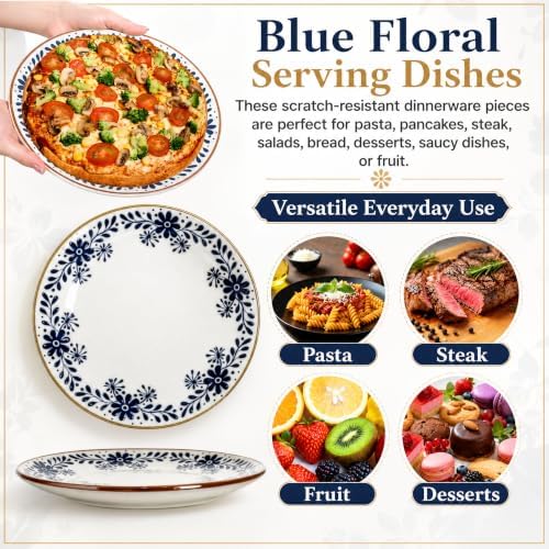 10" Ceramic Dinner Plates Set of 4, Large Round Blue Floral Plate - Image 3