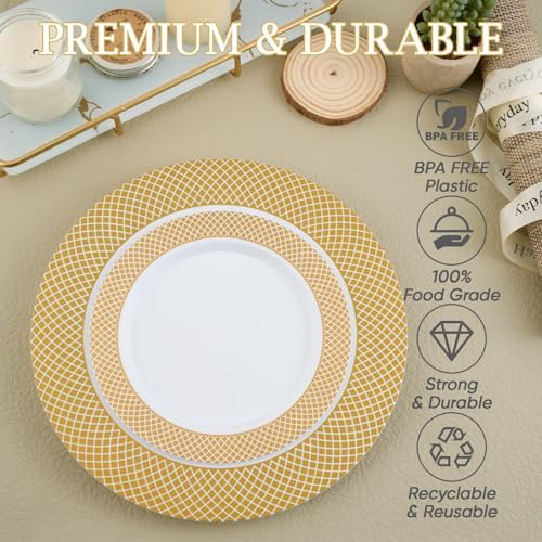 FOCUSLINE Gold Plastic Plates Set, 102 Disposable Plates with Gold Grid Rim - Image 4