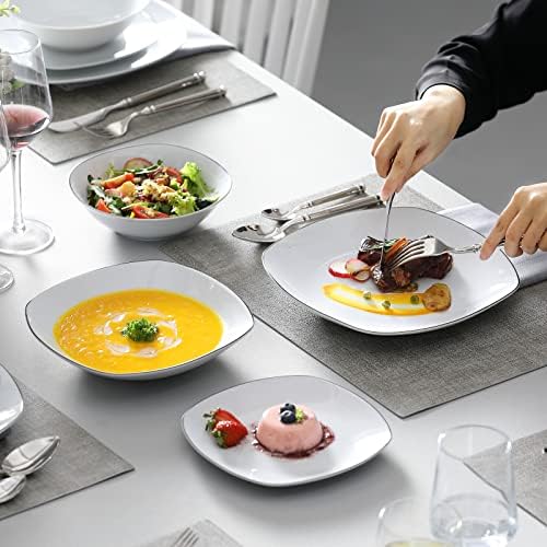 MALACASA Dinnerware Sets, 24 Piece Porcelain Square Dishes, White with Black Rim Plates and Bowls Sets, Ceramic Dish Set for 6, Chip Resistant Dishware Sets, Series ELISA - Image 5