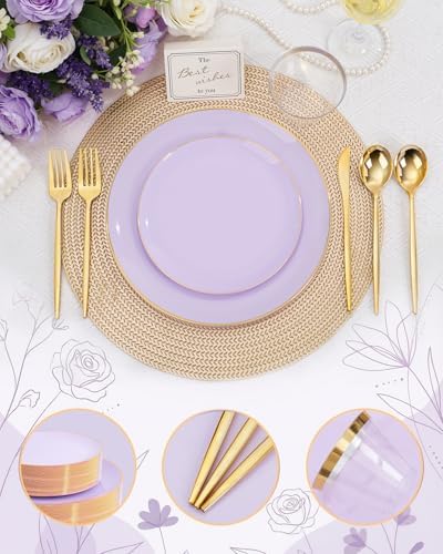 bUCLA 150PCS Purple Plastic Plates - Light Purple and Gold Disposable - Include 25 Each (Dinner & Dessert) lavender Plates, 25 Knives, 25 Forks, 25 Spoons & 25 Cups for Party, Birthday & Wedding - Image 4