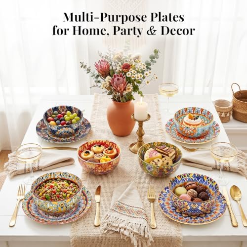 Colorful Salad & Dessert Plates Set of 4, 8.5Inch Boho Ceramic Dinner Plate - Image 6