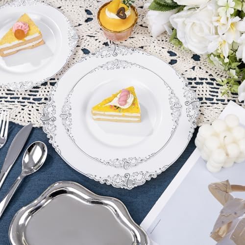Nervure 600Pcs Silver Plastic Plates, Plastic Dinnerware Set for 100 Guests - Image 6