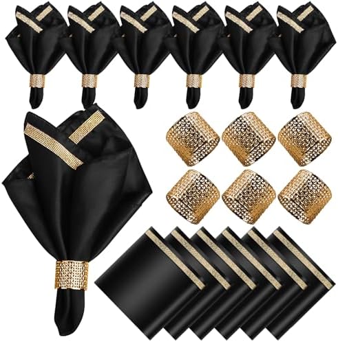 VIJIV 12 Pack Cloth Napkins and Gold Napkin Rings Set of 6, 17x17 Bling Trim Satin Cocktail Napkins Cloth Washable Personalized Dinner Napkins for Wedding Party Holiday Decorative by VIJIV