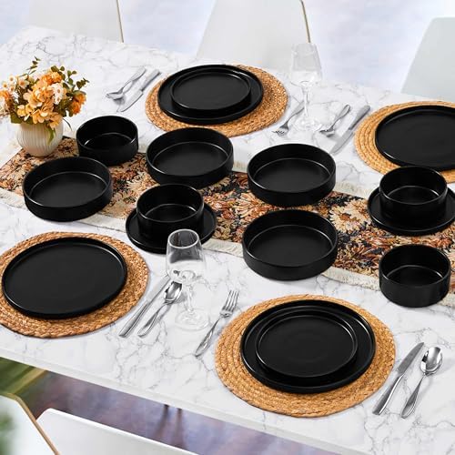 Herogo Dinnerware Sets with Pasta Bowls for 4, 16 Piece Dinner Salad Plates and Cereal Serving Bowls, Stoneware Dishes Dinner Ware for Home Kitchen, Chip & Scratch Resistant, Matte Black - Image 7