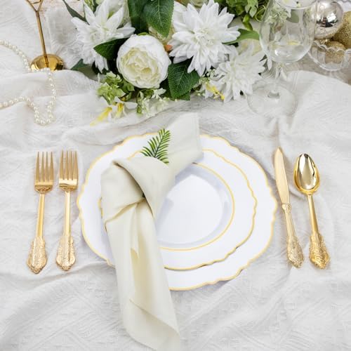 Liacere 175pcs Gold Plastic Plates - White and Gold Disposable, include 50Plates, 25Pack Pre Rolled Napkins with Silverware 25Cups Perfect for Wedding & Party & Holiday & Thanksgiving & Fall Party - Image 2