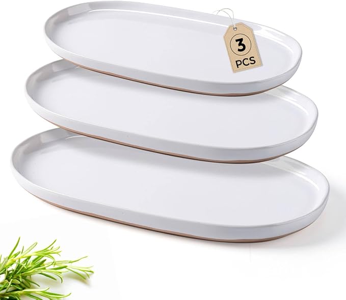 AmorArc Large Ceramic Serving Platter, 15.5"/14"/12.2" Oval Platters Microwave Safe, Serving Trays for Wedding, Stoneware Serving Dish for Entertaining&Party, Set of 3