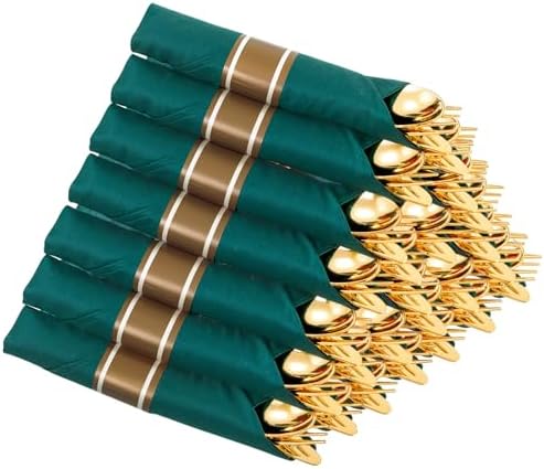 Supernal 30 Pack Pre Rolled Gold Plastic Silverware with Green Napkins by supernal