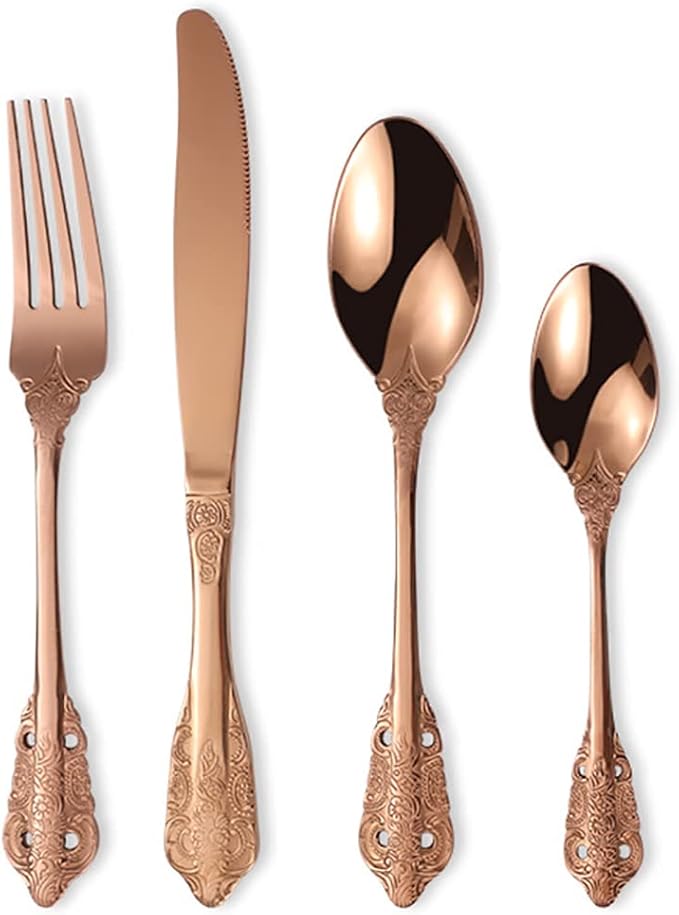 Vintage Rose Gold Silverware Flatware Set for 8, European Classic Style 32 Pieces Stainless Steel Tableware Cutlery Set,Fine Kitchen Utensils for Wedding Restaurant Hotel Christmas